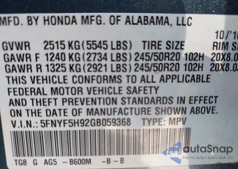 2016 Honda Pilot Touring from USA, damaged, VIN 5FNYF5H92GB059368